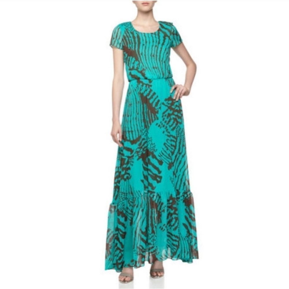 EUC 🐯 Dress the Population Georgette Reese Print Turquoise Animal Print Maxi